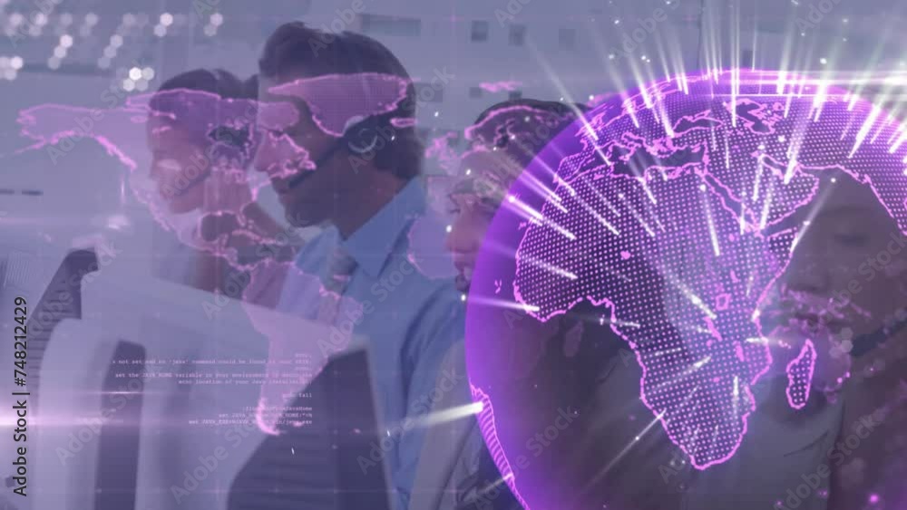 Poster animation of globe and data processing over diverse business people using phone headsets