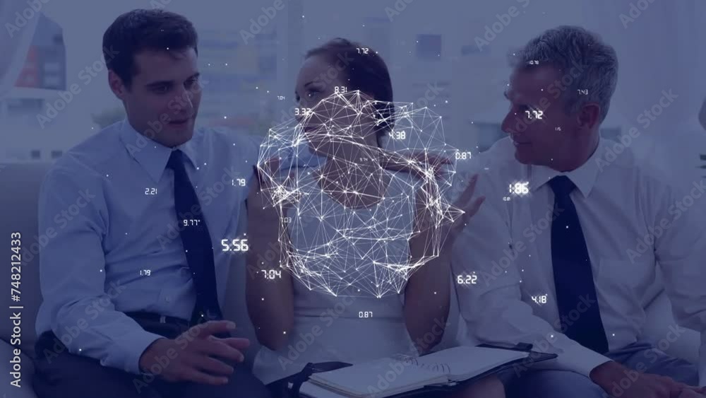 Aufkleber animation of globe and data processing over diverse business people in office