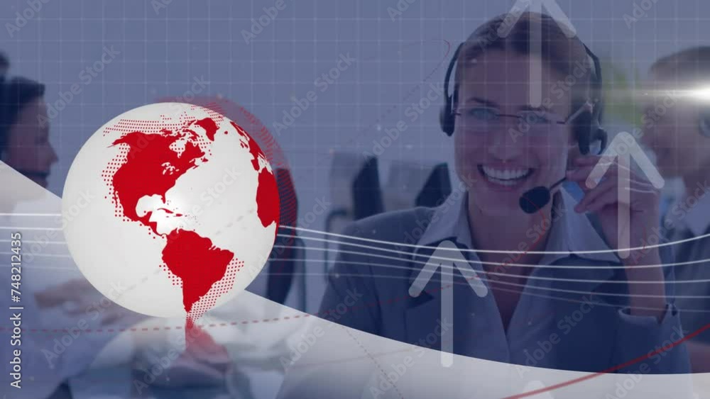 Canvas Prints Animation of globe and data processing over diverse business people using phone headsets