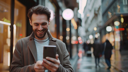 A business owner holding a phone, excitedly watching the follower count rise after a successful ad campaign, businesses leveraging social media, blurred background, with copy space - obrazy, fototapety, plakaty