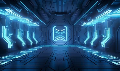 Foto op Canvas futuristic sci-fi spaceship interior with a futuristic corridor in  space station with glowing neon lights background and glossy reflective walls and transparent glass © fatin