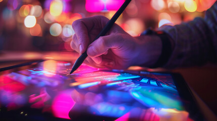 A graphic designer creating an eye-catching social media ad layout on a digital drawing tablet, focusing on visual appeal, businesses leveraging social media, blurred background, w