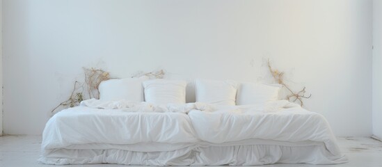 A white bed with neatly arranged white sheets and pillows in a room with white walls and minimal decor.