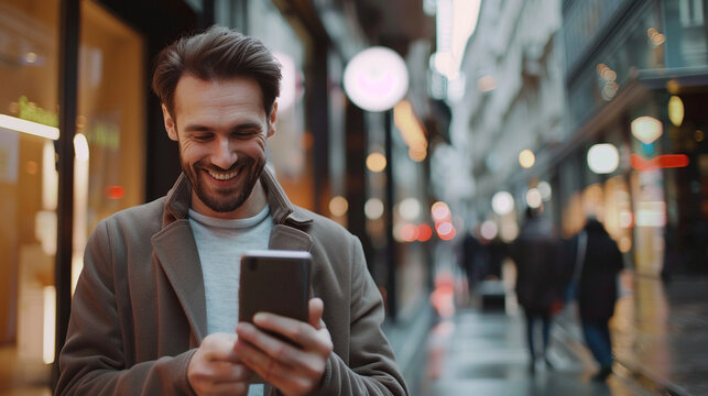 A business owner holding a phone, excitedly watching the follower count rise after a successful ad campaign, businesses leveraging social media, blurred background, with copy space - Powered by Adobe