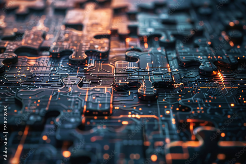 Poster a close up of a puzzle with a circuit board in the background