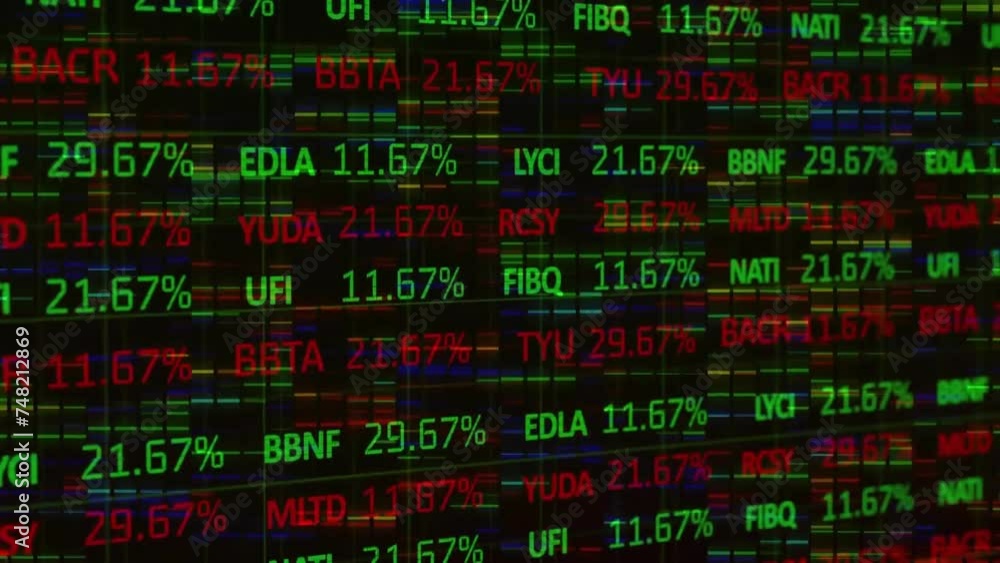 Poster animation of financial data processing over black background