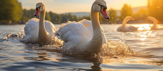 White Swans glide across the Lake at sunset - obrazy, fototapety, plakaty