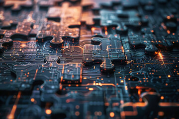 A close up of a puzzle with a circuit board in the background