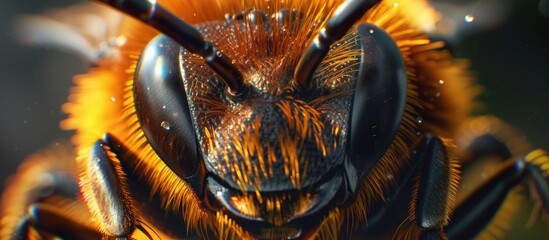 A detailed view of a bees face showcasing its intricate eyes and unique features up close. The bees antennae and fuzzy texture are also visible in this macro shot.