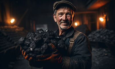 A man holding coal in his hands in a coal mine. Industrial coal mining concept. - obrazy, fototapety, plakaty