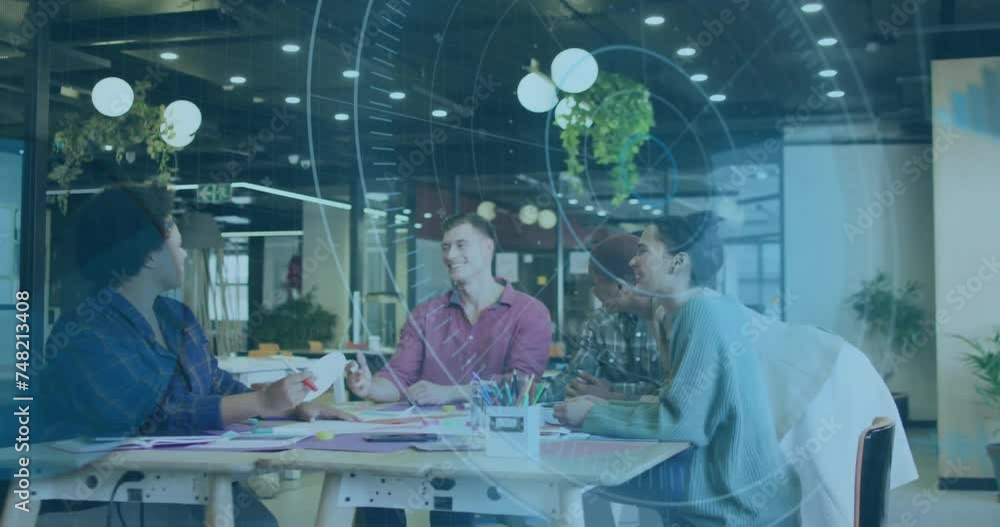 Poster animation of scope and data processing over diverse business people in office