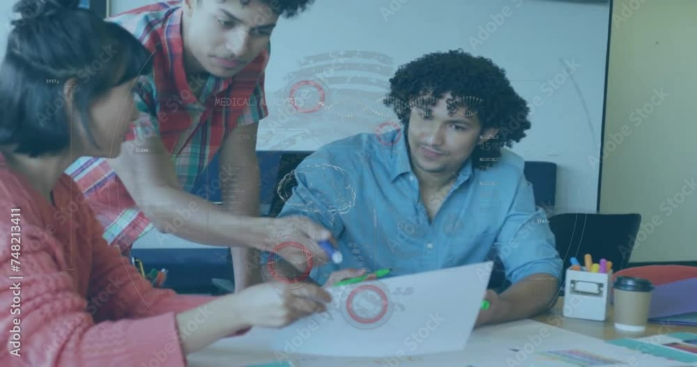 Aufkleber animation of scope and data processing over diverse business people in office