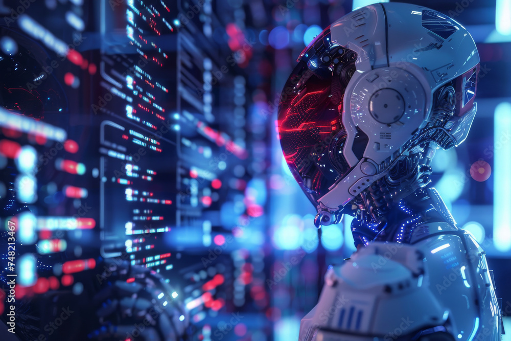 Poster a robot with a helmet on looks at a computer screen