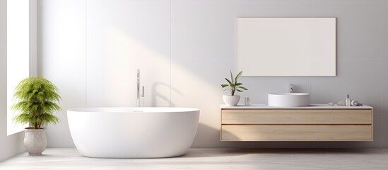 A modern clean bathroom featuring a large white bathtub next to a sink. The bathtub is the focal point, contrasting with the sleek sink and minimalist design of the space.