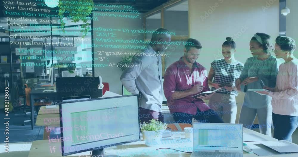 Poster animation of scope and data processing over diverse business people in office
