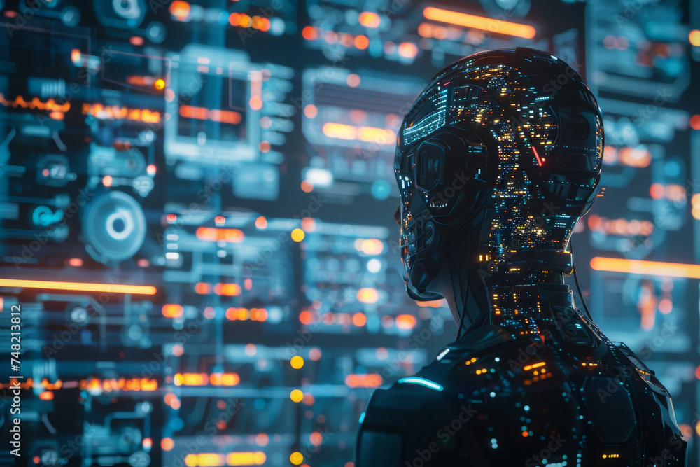 Poster a robot is looking at a screen that says ' ii ' on it