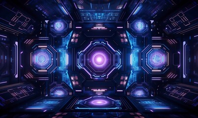 Fototapeta na wymiar Futuristic sci-fi spaceship interior with a futuristic corridor in space station with glowing neon lights background and glossy reflective walls and transparent glass