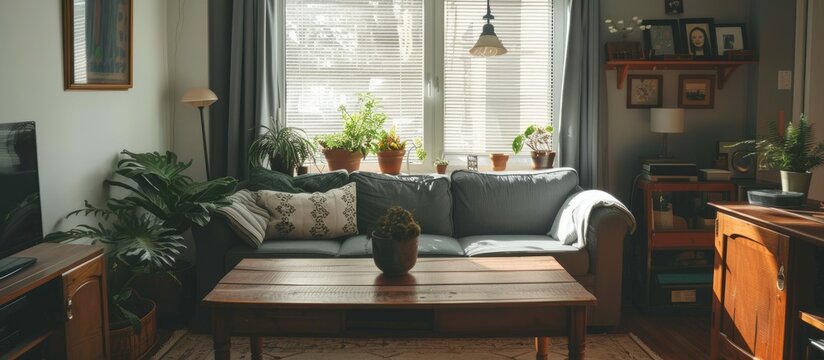 A typical living room filled with furniture, featuring a flat screen TV mounted on the wall, a wooden table, a grey settee, blinds covering the windows, and a gallery of artwork displayed on the walls