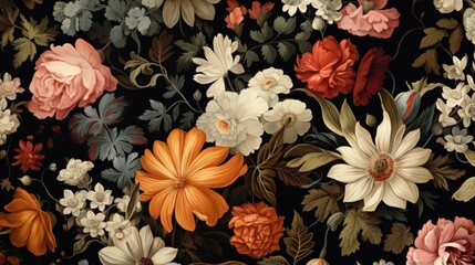 A beautiful floral pattern with a dark background. The flowers are mostly white, pink, and orange, with some green leaves.