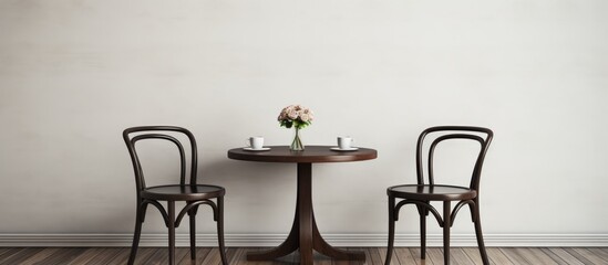 This black and white photo captures two chairs placed next to a dining table. The chairs are wooden with a simple design, and the table is set against a white wall on a wooden floor.