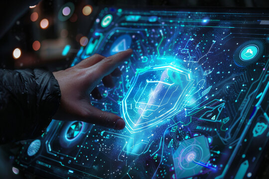 A person 's hand is pointing at a screen with a shield on it