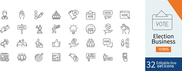 Set of 32 Election Business web icons in line style. Voting, election, megaphone, government, government, politic. Vector illustration.