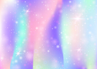 Fairy background with rainbow mesh.  Colorful universe banner in princess colors. Fantasy gradient backdrop with hologram. Holographic fairy background with magic sparkles, stars and blurs.