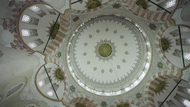 View of the inside of the dome of Sokullu Mehmet Pasha Mosque. It is made in an octagonal scheme. Decorative arts can be seen inside the dome.