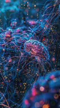 AI brain interfacing with quantum computer, machine learning processes visualized, dynamic