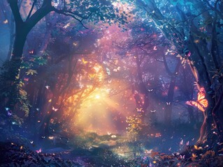 Enchanting fairy tale forest at dawn, vibrant colors with magical creatures, ethereal light - fantasy art style - obrazy, fototapety, plakaty