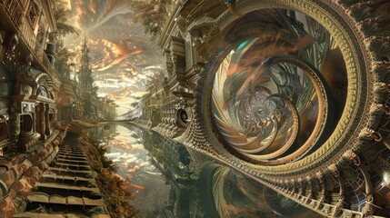 Mirror world reflecting a quantum tsunami, medieval art style, surreal blend of time and reality