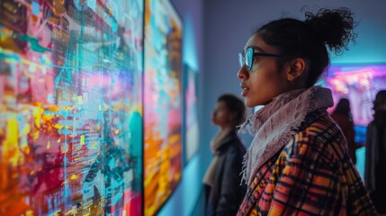 Young Woman Fascinated by Colorful Art Installation A young woman with glasses is captivated by the bright and chaotic colors of a digital art installation in a gallery.