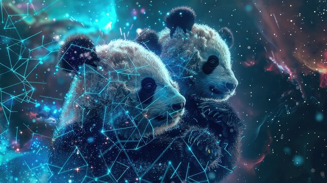 Cybersecurity shields guarding a galaxy cluster, digital panda guardians in the cosmos, surreal protection