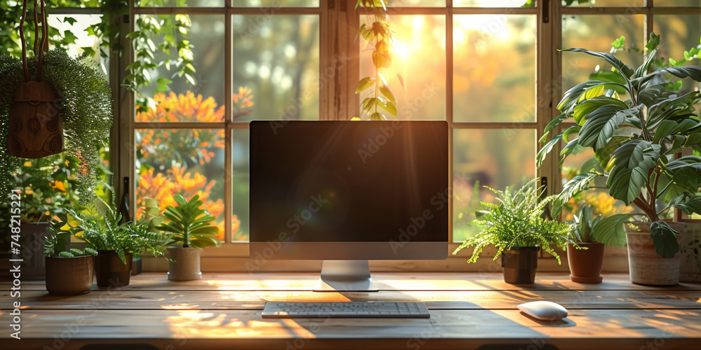 Poster a modern office desk by the window with a computer monitor, offering an empty workspace for creativi