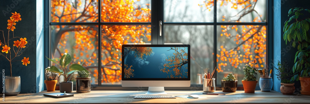 Poster a modern workplace with a computer desk by the window, featuring a blank screen and minimalist desig