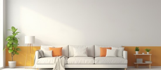 A white couch sits in a brightly lit living room next to a window. The room is spacious and decorated with colorful accents, creating a modern and inviting atmosphere.