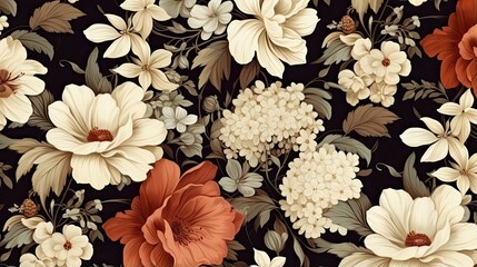 A beautiful floral pattern with cream, white, and orange flowers on a dark background. - obrazy, fototapety, plakaty