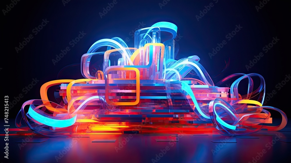 Poster 3d rendering of an abstract glowing structure made of colorful neon tubes.