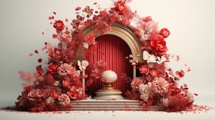 Obraz premium This is a 3D rendering of a beautiful floral archway. The archway is made of white marble and is decorated with intricate carvings.
