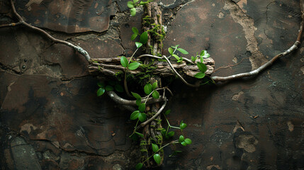 A cross constructed from living tree branches, with leaves sprouting from its form, symbolizing life emerging from death