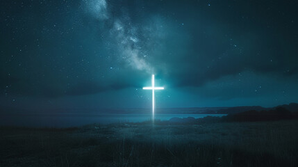 Obraz premium A cross glowing with a soft, celestial light against the night sky, a beacon of hope and comfort