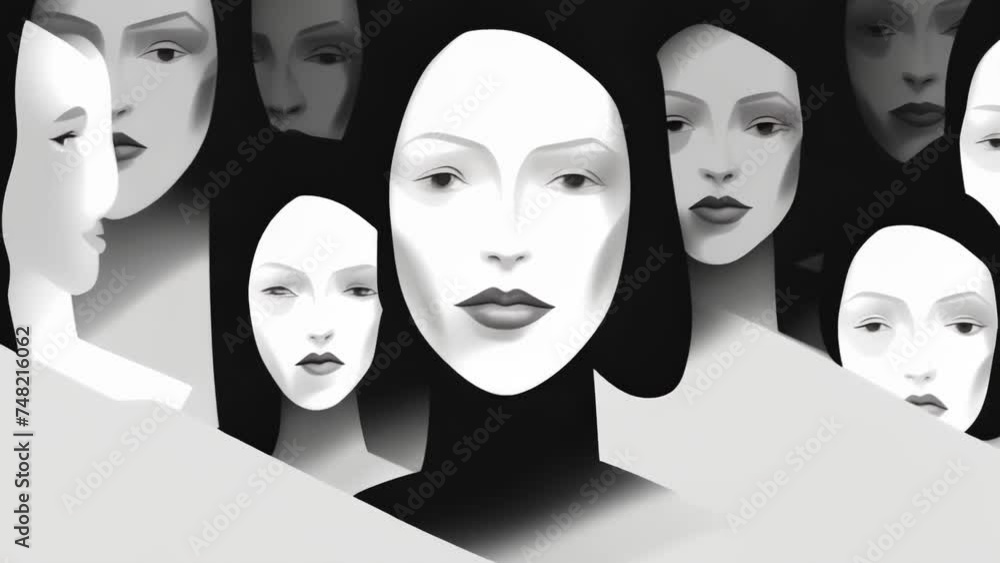 Poster an animation showing a group of people all facing the same direction but with different facial expre