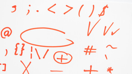 Red Marker Symbols Isolated on White Background. Miscellaneous red marker signs on white background, plus sign, minus sign, red marker stroke, ellipse drawn red marker, colon red marker.