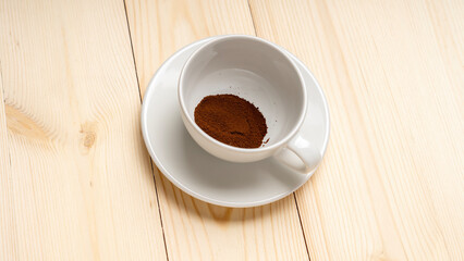 freeze-dried coffee, Instant coffee in white cup on wooden background, the view from top