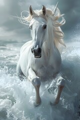 Obraz na płótnie Canvas Mystical White Horse Running in Ocean Waves