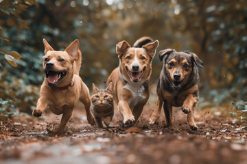 Dogs and Cats running in the park  - obrazy, fototapety, plakaty