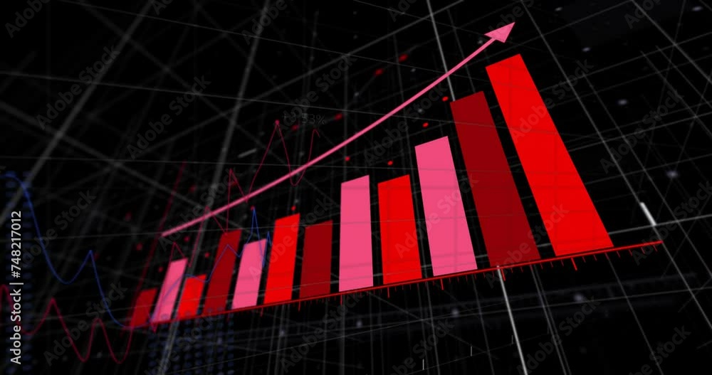 Poster animation of statistics and financial data processing over black background