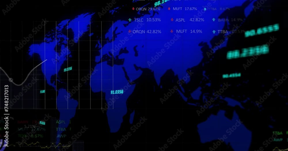Poster animation of statistics and financial data processing with world map over black background
