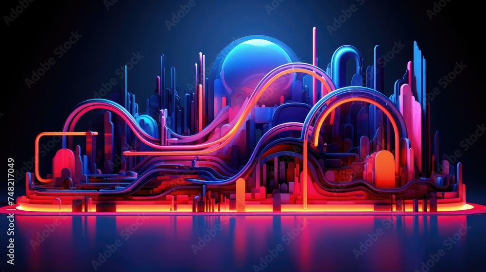 Poster 3d rendering of an abstract cityscape with a blue sphere in the background. the city is made up of g