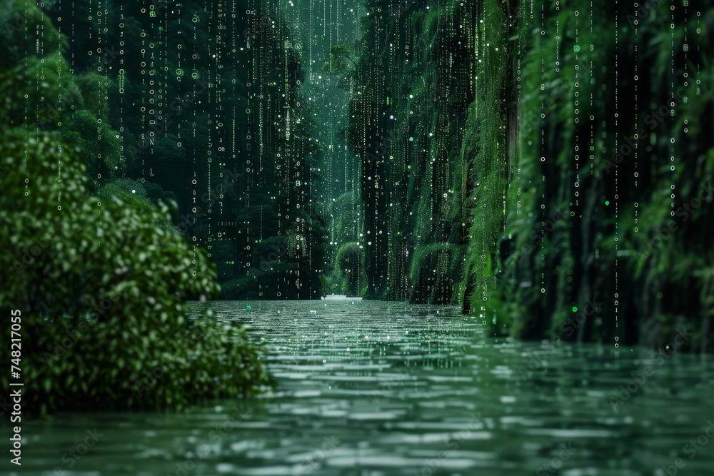 Poster a computer generated image of a river with a matrix background